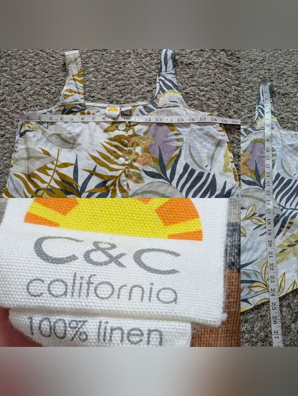 C&C California White Yellow Blue Tropical Square Neck Linen Button Up Tank Top M - Picture 8 of 8